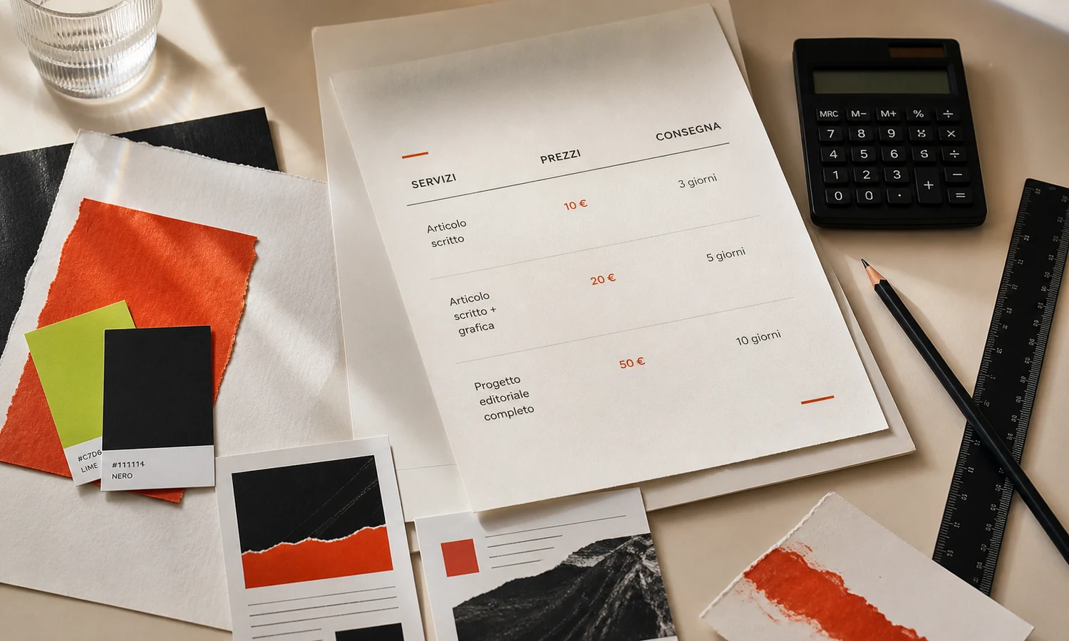 Preventivo editoriale con prezzi, tempi di consegna, campioni colore e strumenti da progetto
